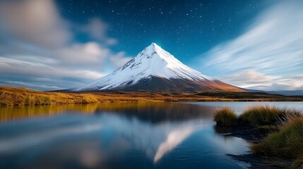 Majestic snow capped mountain peak shimmering under a deep blue aurora with sparkling twinkling stars in the night sky A breathtaking and captivating natural landscape scene