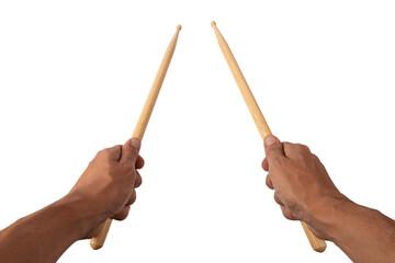 Male hands holding drum sticks isolated on white background