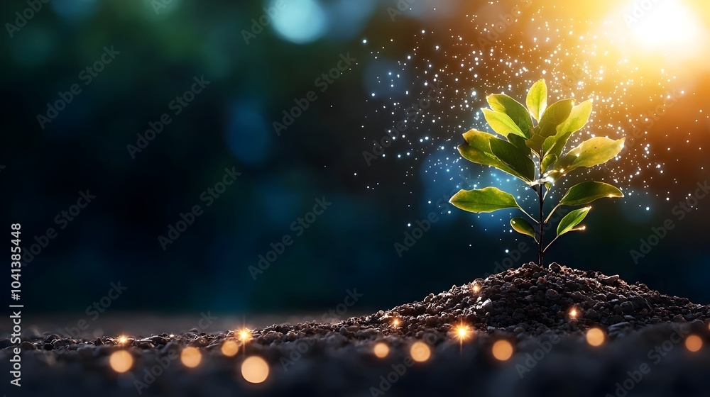 Poster a mystical tree with glowing blue leaves and sparkling lights drifting down like rain creating an en