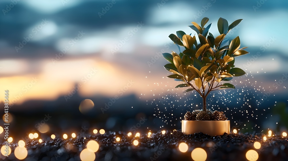 Poster a mystical tree with glowing blue leaves and sparkling lights drifting down like rain creating a cap