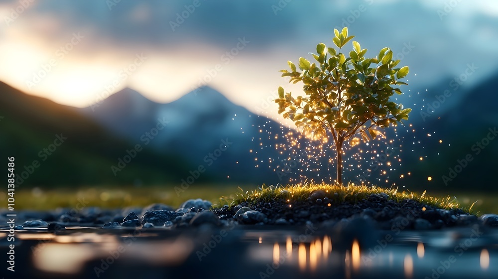 Poster enchanting and mystical tree with glowing blue leaves and sparkling lights drifting down like enchan