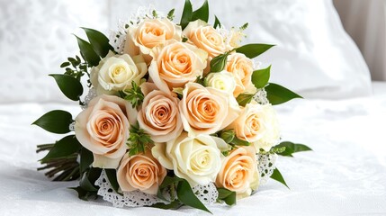 Obraz premium A beautiful bouquet of peach and white roses with green leaves, elegantly arranged with lace accents, perfect for a wedding or special occasion.