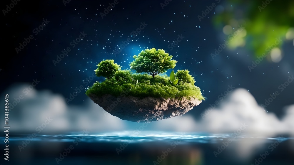 Poster enchanting floating island shrouded in otherworldly blue luminescence with shimmering sparkles swirl