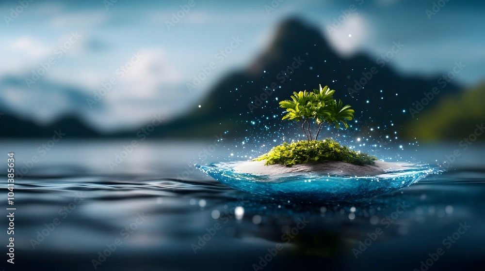 Poster breathtaking scene of a mystical floating island bathed in captivating blue light with mesmerizing s