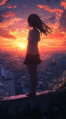 Fototapeta premium A quiet anime girl standing on a rooftop at sunset, her hair and clothes flowing in the wind, the city sprawling beneath her, the sky glowing with warm oranges and purples,