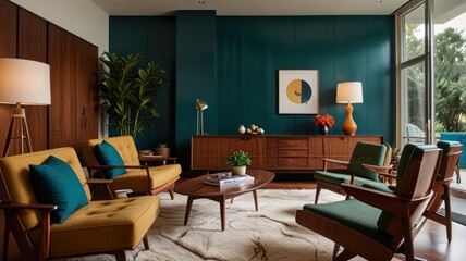 Mid-century modern living room interior with teal walls, wooden furniture, and a rug.