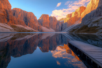 Scenic mountain lake at sunset with dramatic rocky peaks reflected in calm water, wooden dock...