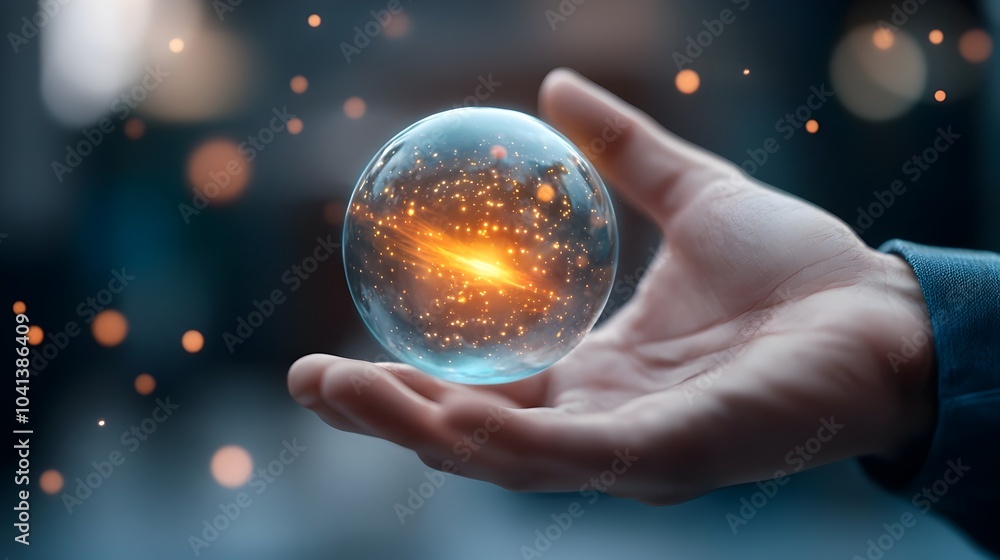 Poster glowing crystal orb emitting a vibrant blue aura surrounded by shimmering iridescent particles that 