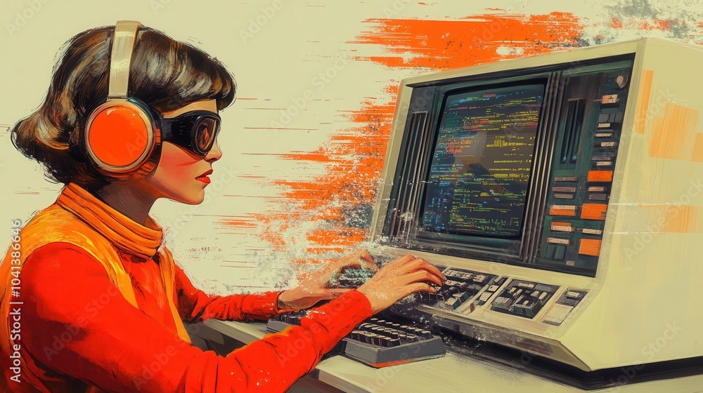 Poster retro computer programmer with vintage technology
