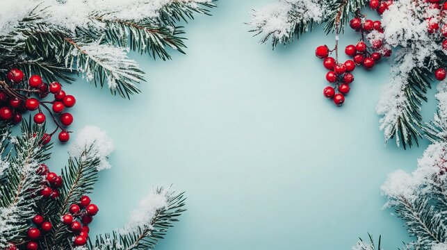 Christmas Decorations with Snowy Pine Branches and Red Baubles