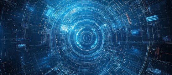 Abstract blue and orange digital tunnel with concentric circles and glowing light.