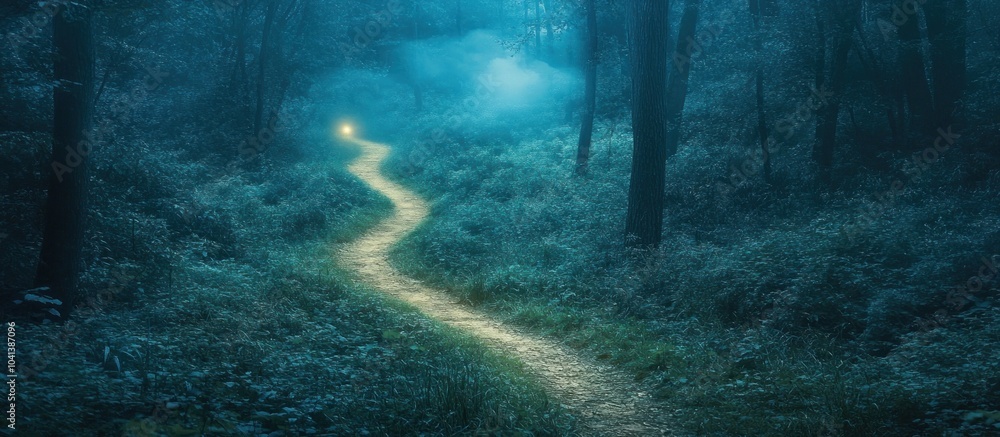 Poster a winding path through a dark forest with a light at the end.