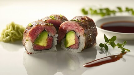 Tender Beef Sushi Roll with Avocado and Wasabi