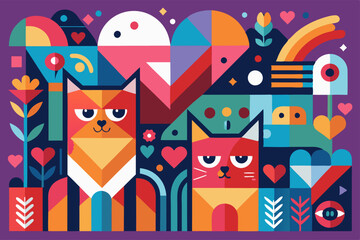 Fototapeta premium Geometric cats and hearts in a colorful abstract composition for modern design