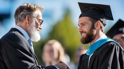 Fototapeta premium Proud Graduate Student Shaking Hands With University Professor After Receiving Diploma On Stage During Graduation Ceremony Celebrating Bright Future Ahead