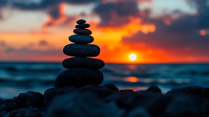 Balanced stones on the beach at sunset.