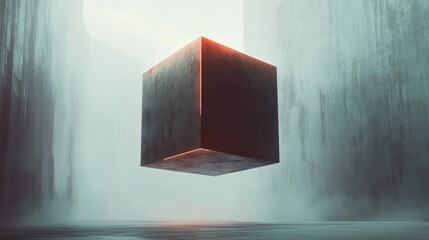 mystical giant cube in foggy landscape