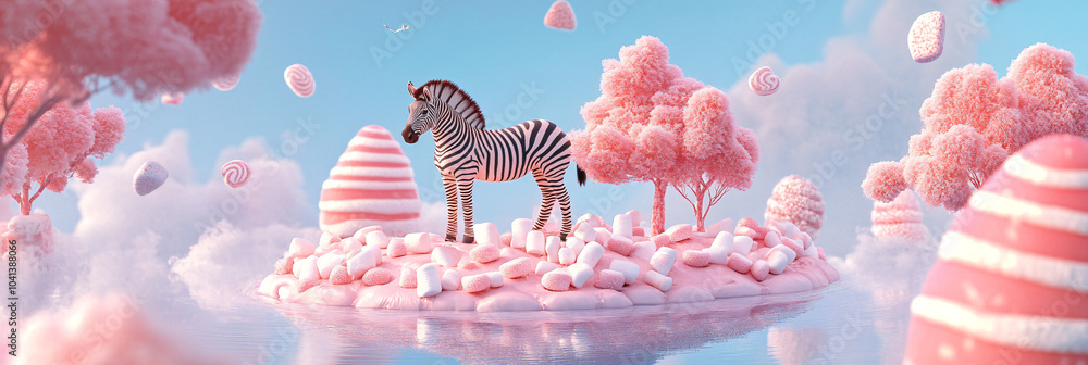 Poster a zebra standing on a floating island made of marshmallows, with candy-shaped trees around it