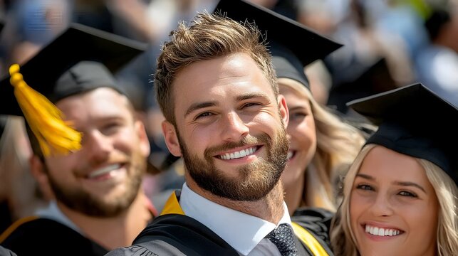 Excited group of friends in graduation gowns and caps taking a selfie together while holding their diplomas celebrating the successful completion of their studies