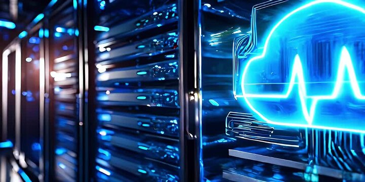 Blue glowing cloud computing server with heartbeat symbol.
