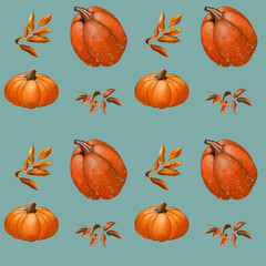 Autumn seamless pattern with orange leaves and orange pumpkins with blue background