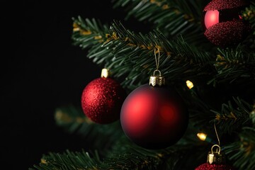 Fototapeta premium Closeup of Red Christmas Ornaments on a Green Tree Branch