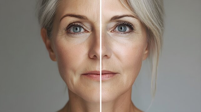 Facelift success story with visual comparison, highlighting dramatic improvement in skin elasticity and tone, Digital Illustration, Natural Lighting