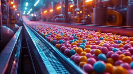 Obraz premium A close-up of a conveyor belt filled with colorful candy. The candy is moving along the belt towards the end of the line.