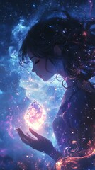 Anime girl holding a floating, glowing crystal, with a magical aura encircling her, her hair gently flowing in the wind, vibrant blue and purple hues lighting up the scene,