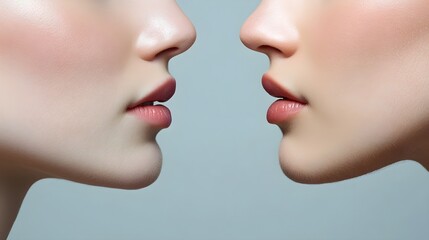 Obraz premium Close-up facial shot before and after facelift, showing significant changes in jawline definition and cheek fullness, Realistic, Soft Background, High Resolution