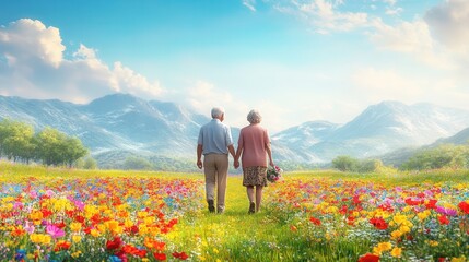 Senior Couple Walking Through a Colorful Flower Field