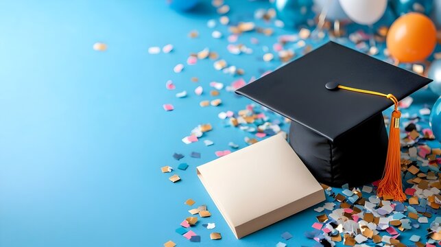 Graduation cap with vibrant confetti on empty background  Concept of academic achievement success and joyful commencement ceremony