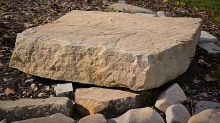 flat stone podium on a rock platform serves as a stylish showcase against a backdrop of verdant forest scenery