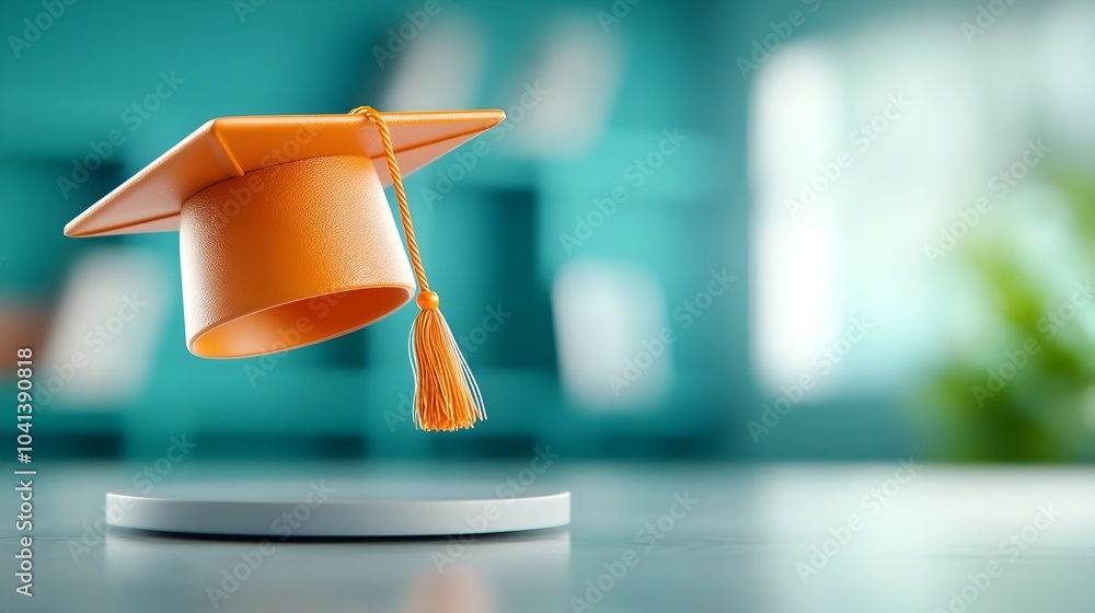 Poster floating graduation cap in motion with clean empty space on right side symbolizing academic achievem