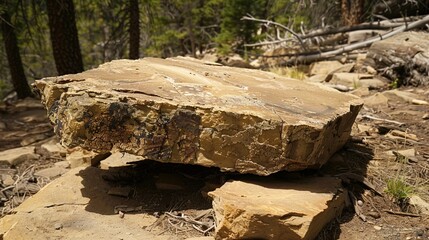 Fototapeta premium flat stone podium on a rock platform serves as a stylish showcase against a backdrop of verdant forest scenery