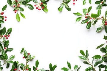 Fototapeta premium Green Holly Branches with Red Berries Forming a Frame on White Background