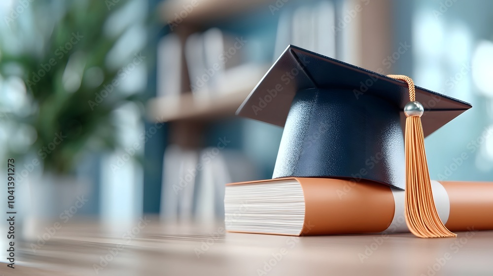 Aufkleber graduation cap resting on a simple wooden shelf with abundant empty space surrounding it symbolizing