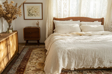 A cozy bedroom mockup with linen bedding, vintage wooden furniture, and dried flowers. Lace curtains soft sunlight serene, nature-inspired boho cottage core atmosphere with framed wall art