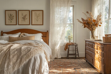 A cozy bedroom mockup with linen bedding, vintage wooden furniture, and dried flowers. Lace curtains soft sunlight serene, nature-inspired boho cottage core atmosphere with framed wall art © Mary Salen