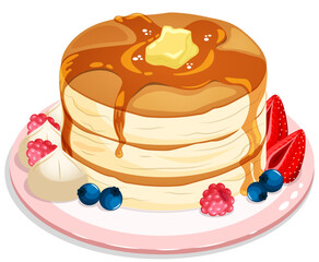 Pancakes Stack with Berries, Cream, Maple Syrup and Butter in a Plate. Anime Style Vector Food Art