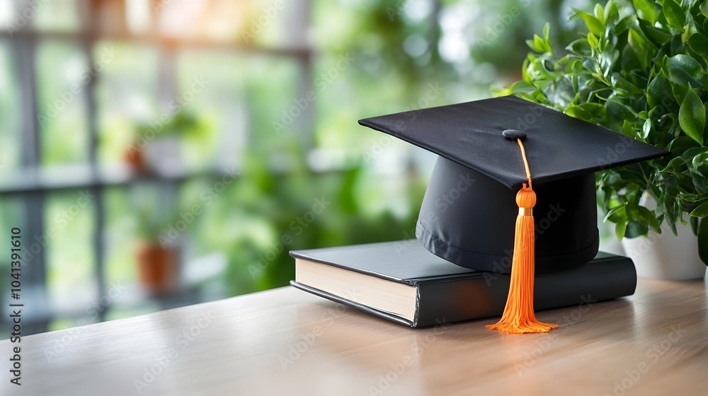 Poster graduation cap resting on an open book representing the successful completion of academic studies an