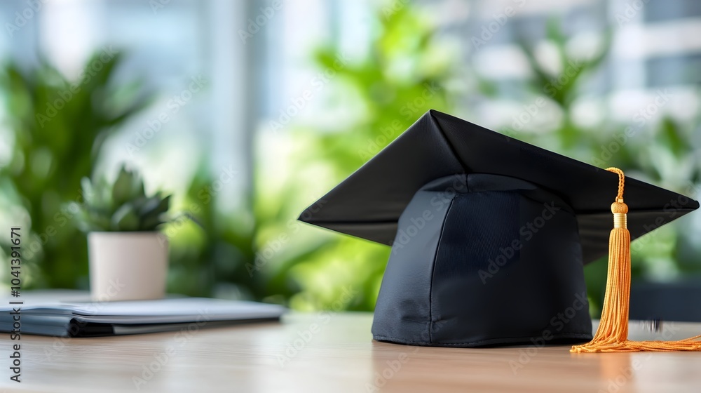 Aufkleber graduation cap resting on a desk or tabletop with an empty minimalist central space for adding text 