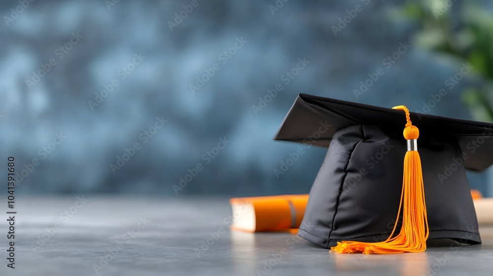 Aufkleber graduation cap lying on a desk with empty central space symbolizing academic room for copy or additi
