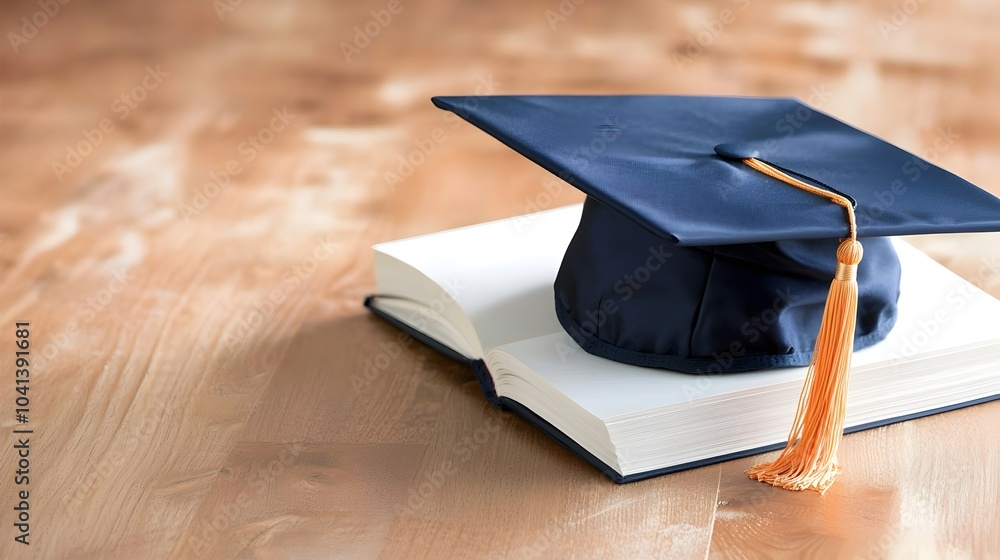 Poster graduation cap resting on top of a hardcover book with empty space in the center symbolizing the com