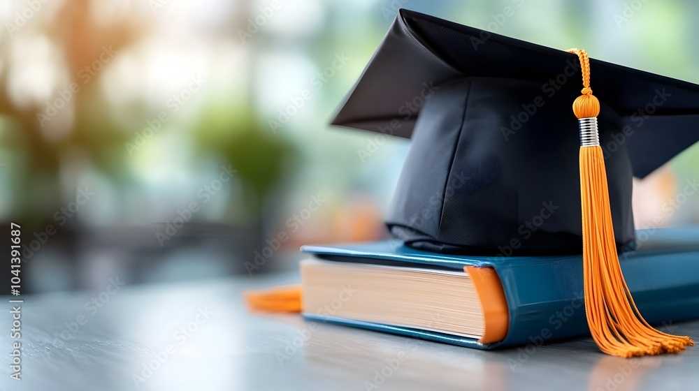 Poster graduation cap resting on top of a book with empty middle space symbolizing the accomplishment and m