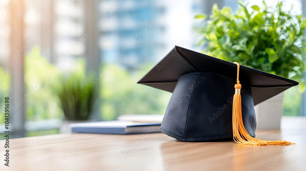 Poster graduation cap lying on a desk with empty space in the center symbolizing academic achievement futur