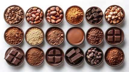 Assortment of gourmet chocolate ingredients and confectionery cocoa powder,nuts,spices,and melted chocolate,arranged in a variety of bowls on a table or surface.