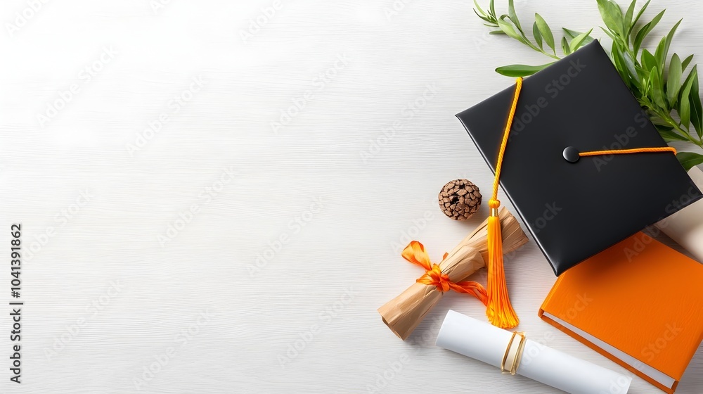 Poster graduation cap and tassel against a plain background with ample empty space on the right side for ad