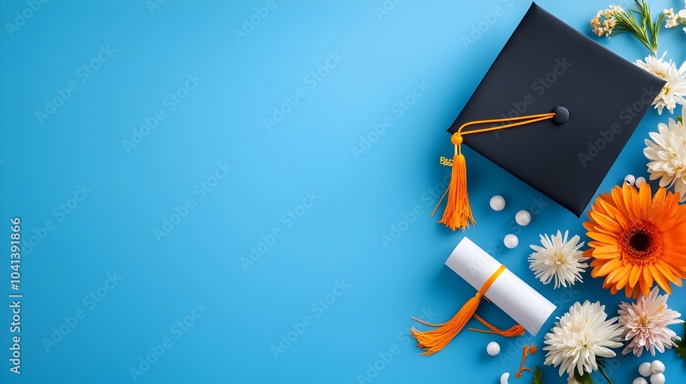 Poster graduation cap and tassel against a plain background leaving ample empty space on the right side for