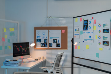 Modern office with graphs and charts on the wall and a computer screen showing stock market data. The office is empty and lit by lamps
